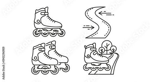 Inline skates and rollerblading path icons in a simple line art style