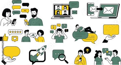 Communication concept illustrations. Set of people vector illustrations in various activities of social media, networking, support, community, chatting, online communication, app and services, rating 