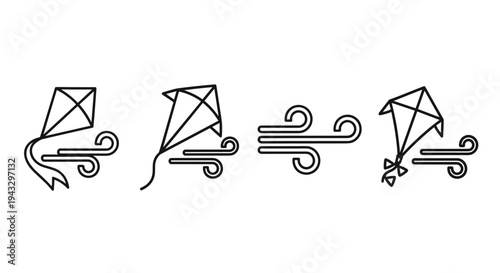 Set of simple line art icons representing kites flying in the wind
