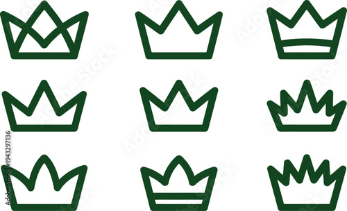 Set of Minimalist Green Crown Icons and Royal Tiara Symbols for Luxury Branding Jewelry and King or Queen Concepts