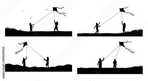 Children flying kites in silhouette against a white background, diverse scenes