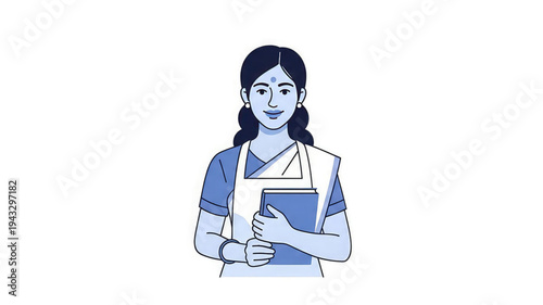 Woman in traditional indian attire holding a book smiling