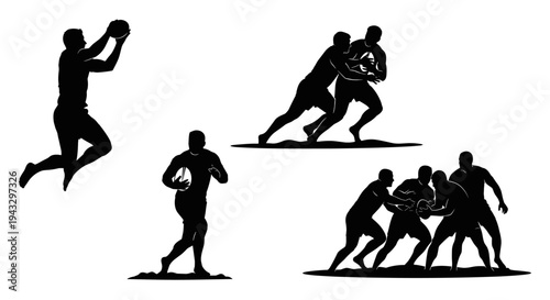 Rugby players in action, silhouettes of athletes competing in a dynamic team sport