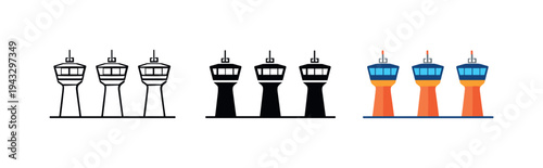Set of three air traffic control towers in different styles: outline, silhouette, and color
