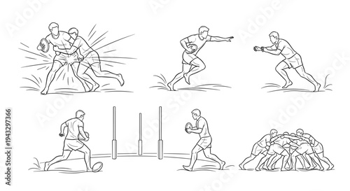 Rugby action illustrations showing tackles, running, scrum, and goal posts