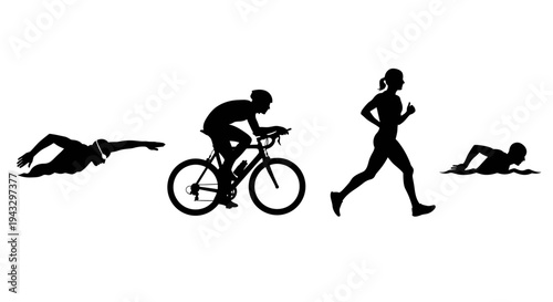 Triathlon athletes in silhouette: swimming, cycling, and running in sequence