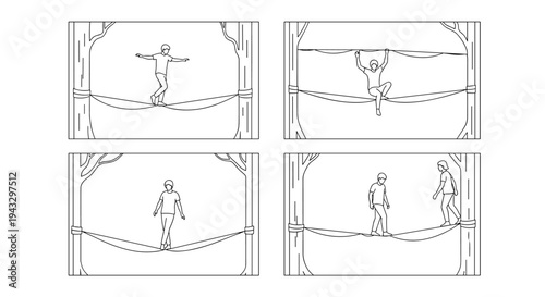 Line art illustrations of people practicing slacklining between trees in various poses