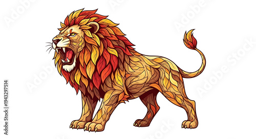 Majestic lion roaring with a vibrant textured mane composed of autumnal leaf shapes in warm reds and oranges symbolizing power and courage isolated on a clean white background