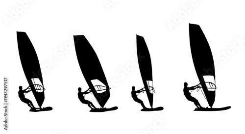 Four black silhouettes of windsurfers on white background, dynamic poses