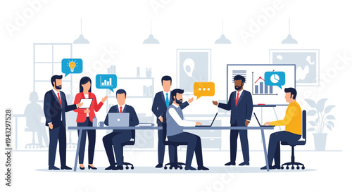 A diverse group of eight business professionals are actively engaged in a dynamic meeting around a long table in a modern office, utilizing laptops and a whiteboard.