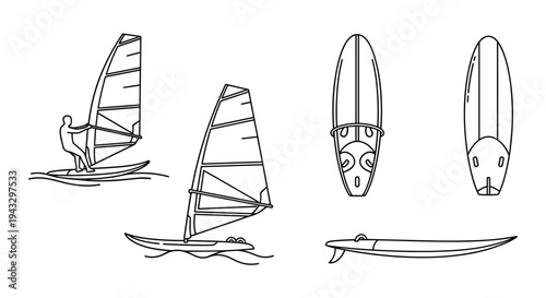 Windsurfing and surfboard line art icons showing equipment and activity on water