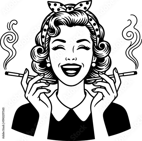 Retro woman laughing with two cigarettes vintage 1950s pin up