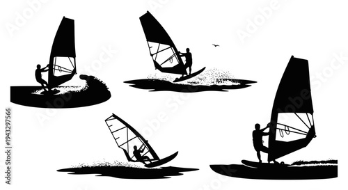 Silhouette collection of windsurfers riding waves on a sunny day