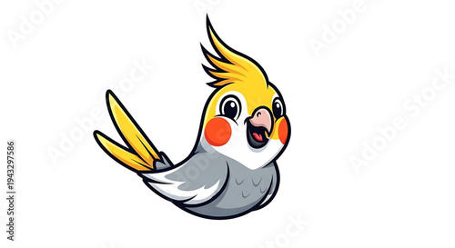 Adorable cartoon cockatiel bird with bright yellow crest and orange cheeks depicted in a playful happy pose with its mouth open and wings slightly spread isolated on a clean white