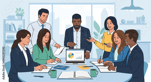 A diverse group of eight business professionals actively engages in a collaborative meeting around an oval conference table in a modern office.