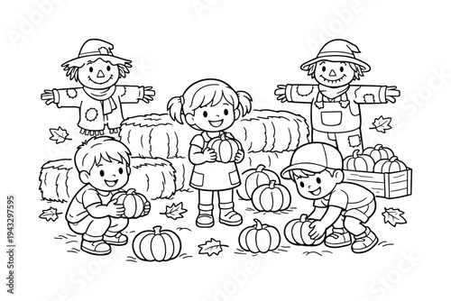Cute cartoon children picking pumpkins with scarecrows and hay bales in autumn