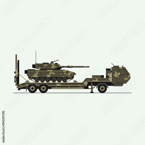 Modern Military Tank Transported on Specialized Trailer Vehicle