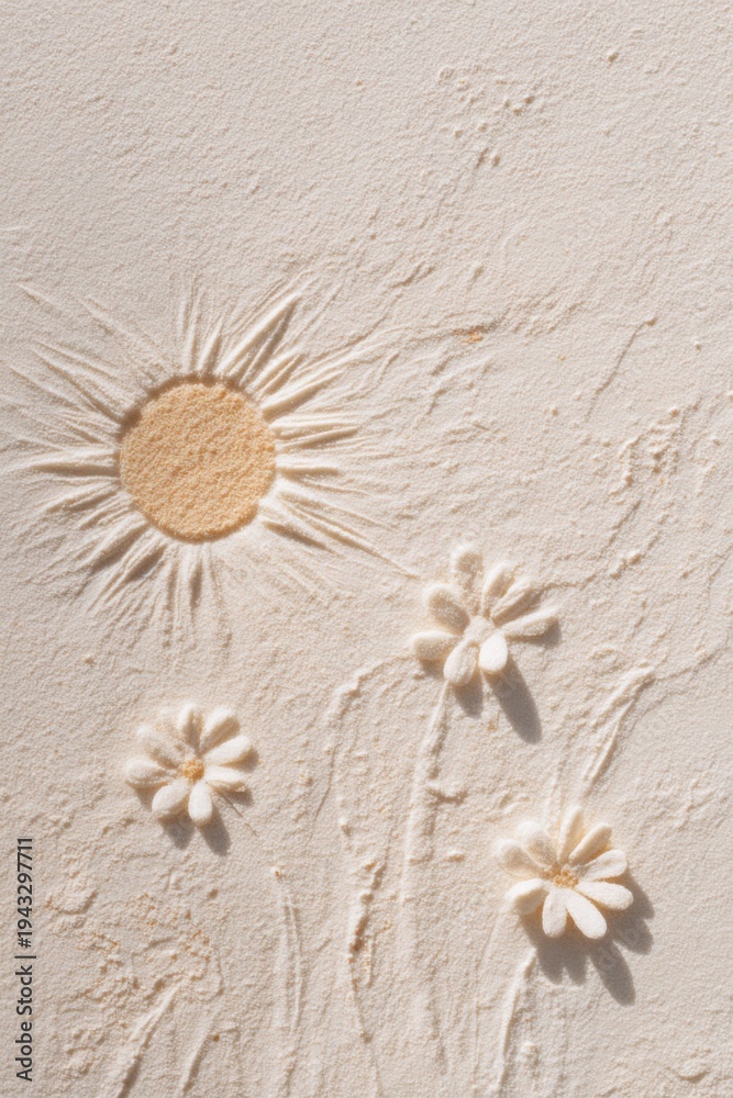 Obraz premium Sun sand flowers texture relief beach art stamped floral sunburst composition in pale beige sand with daisy shapes and radiating lines