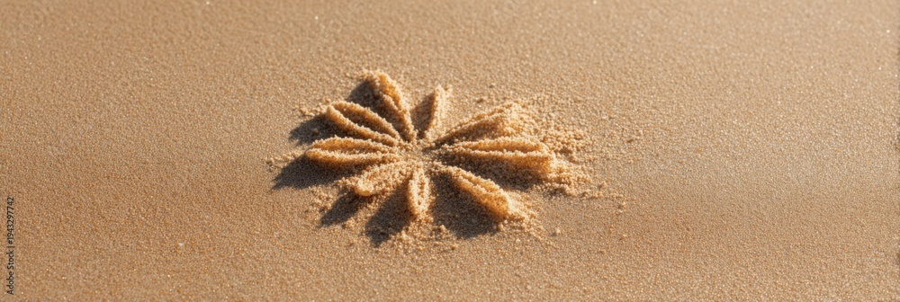 Fototapeta premium Small starburst flower imprint in golden sand symmetrical petals sunlit beach minimalist seaside decorative relief