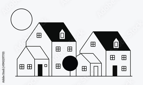 Minimalist Black and White Suburban Neighborhood Illustration with Modern Houses and Sun for Real Estate and Architecture Concept