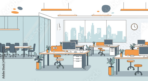 An empty, modern open-plan office with numerous workstations and a glass-partitioned meeting room is brightly illuminated.