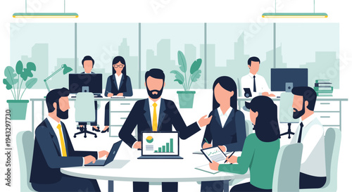 Seven business professionals conduct a focused round table meeting with a laptop displaying charts, and colleagues work nearby.