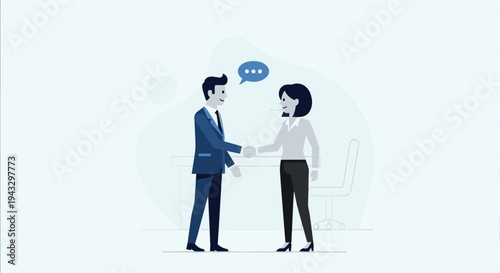 A male and female business professional shake hands with speech bubbles above them on a plain light blue background.