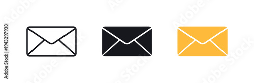 Three different envelope icons in black outline, solid black, and yellow for communication and messaging
