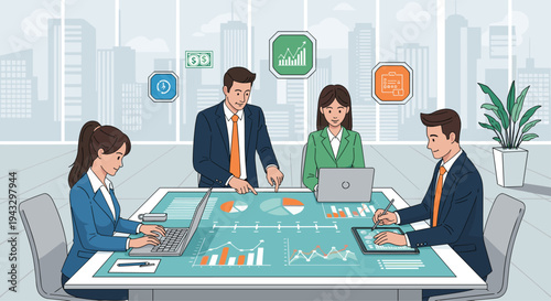 Four business professionals are diligently working around a large interactive table displaying various charts and data in a modern office.