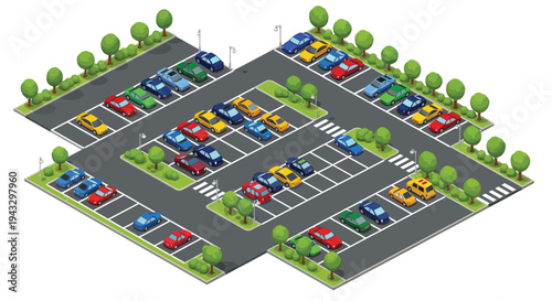 Isometric illustration of a busy parking lot with various colored cars