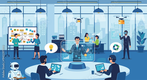 Diverse professionals engage with advanced technology, including holographic displays, drones, and VR headsets, in a modern office.