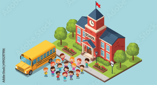 A colorful illustration depicting a school building and students near a bus