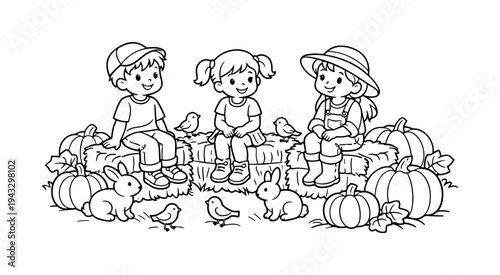 Pumpkin Patch Playtime. Children sitting on hay bales in a pumpkin patch, pumpkins of different sizes around, small friendly
