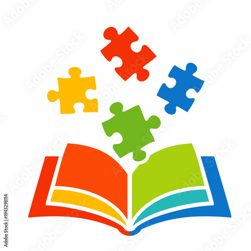 Flat vector icon of an open book with multicolored puzzle pieces rising above it. Concept of education, learning, problem solving, creativity, knowledge and child development.