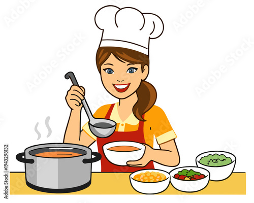 Female chef holds a ladle over a steaming pot of soup with bowls of ingredients on the table. Cozy kitchen illustration communicates homemade comfort food, meal prep and culinary care.