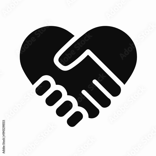 Bold black icon of a handshake inside a heart, symbolizing partnership, trust, support, agreement, compassion and reliable human connection for social or business themes.