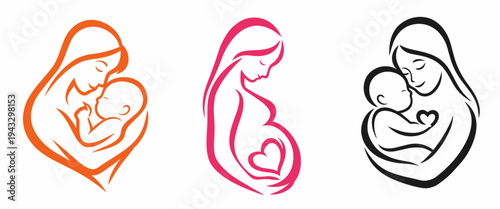 Set of three maternity line icons featuring mother and baby, pregnant silhouette and caring embrace. Versatile vector logo collection for prenatal clinics, parenting brands and baby products.