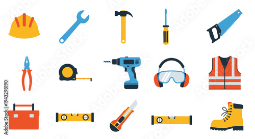 Colorful illustration depicting various construction tools and safety equipment