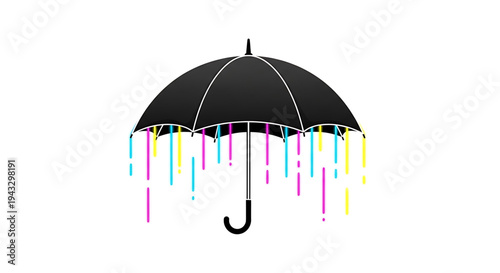 Creative black umbrella with colorful dripping paint streaks in vibrant neon hues against a stark white background symbolizing protection from digital noise or abstract artistic