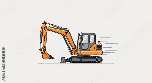 Modern Orange Excavator Machine In Motion Illustration