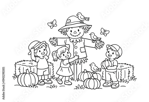 Scarecrow Field Fun. Children playing with a friendly scarecrow in a field, pumpkins and hay bales around, birds and butterflies