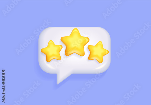 3d three stars rating in text speech bubble. Positive 3 star customer product rating review for apps and websites. Quality, feedback. Three elements for awards,rating designation, hotels status.Vector