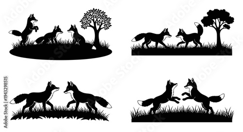 Collection of black silhouette foxes in various playful poses on grass with trees
