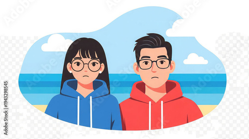 Sad young couple wearing glasses standing on beach with ocean background