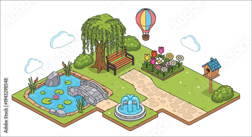A whimsical garden scene featuring a pond flowers and hot air balloon