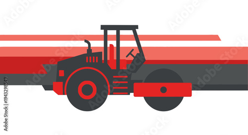 Modern Road Roller Machine Graphic With Red Stripes And White Background