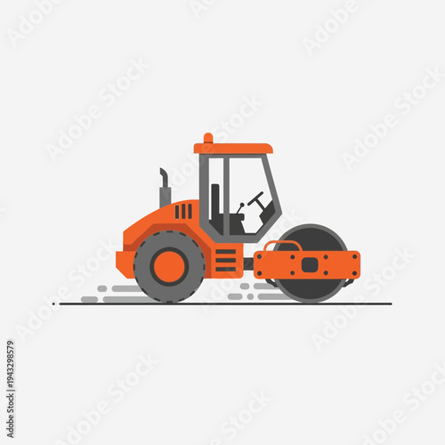 Modern Orange Steamroller Compacts Surface On Construction Site