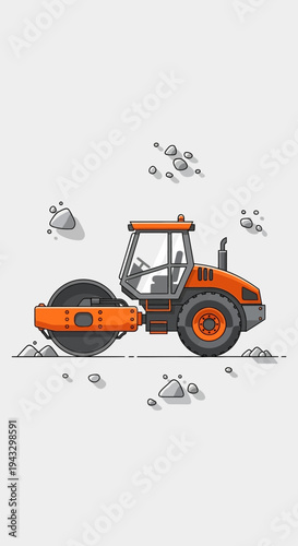 Modern Orange Steamroller Compacting Gravel Road Construction Site