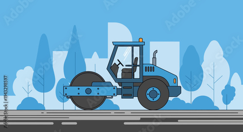 Modern Road Roller Machine Illustration In A City Landscape Scene