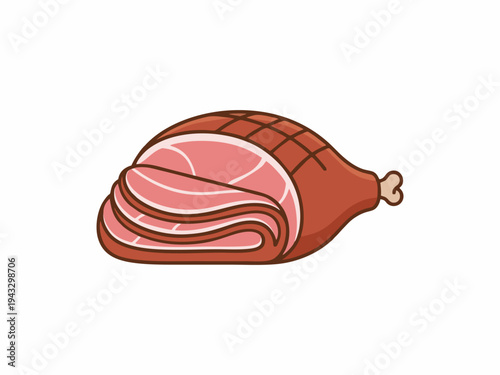 Glazed smoked ham leg with slices isolated on white background, cartoon vector illustration